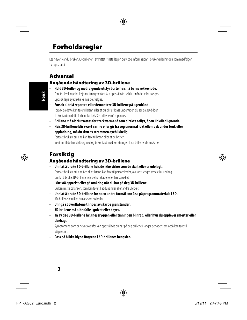 Forholdsregler, Advarsel, Forsiktig | Toshiba FPTAG02G User Manual | Page 82 / 108