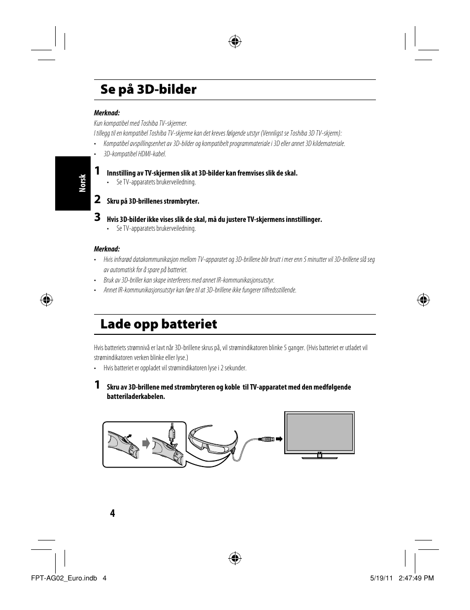 Se på 3d-bilder, Lade opp batteriet | Toshiba FPTAG02G User Manual | Page 84 / 108