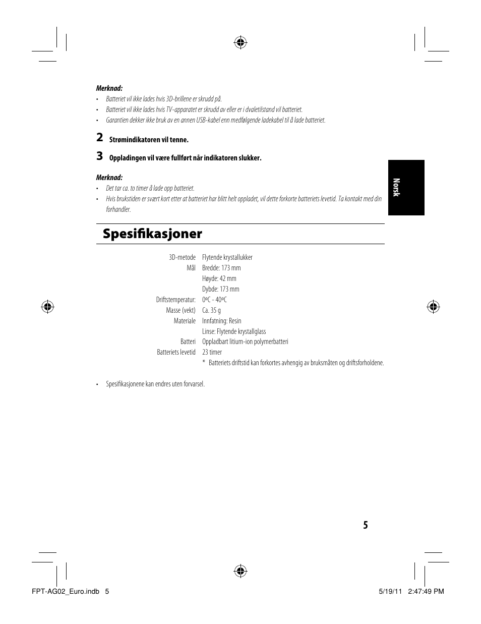 Spesiﬁ kasjoner | Toshiba FPTAG02G User Manual | Page 85 / 108