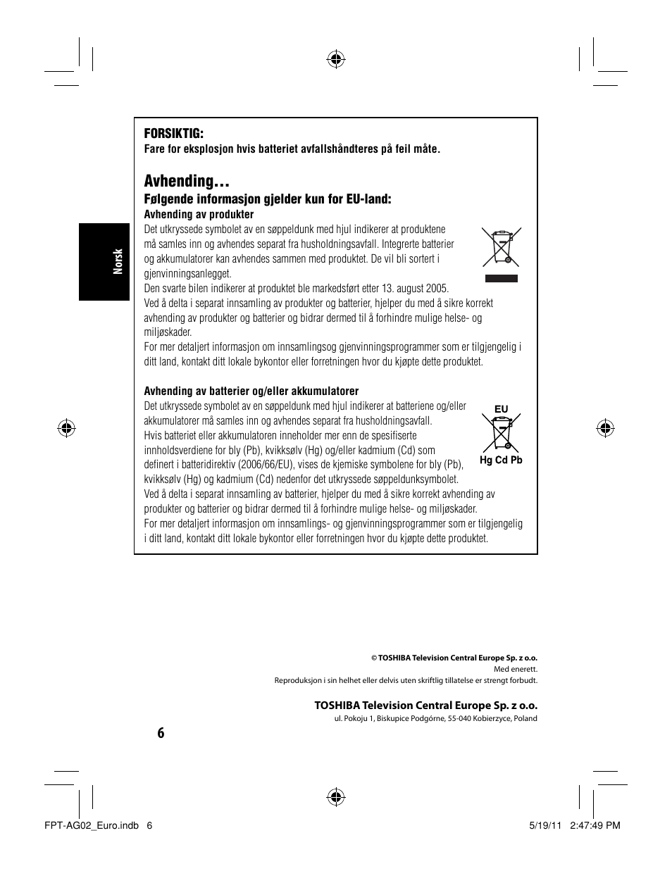 Avhending | Toshiba FPTAG02G User Manual | Page 86 / 108