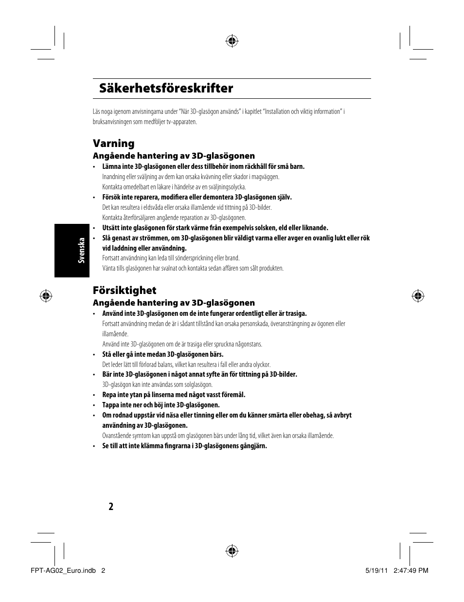 Säkerhetsföreskrifter, Varning, Försiktighet | Toshiba FPTAG02G User Manual | Page 88 / 108