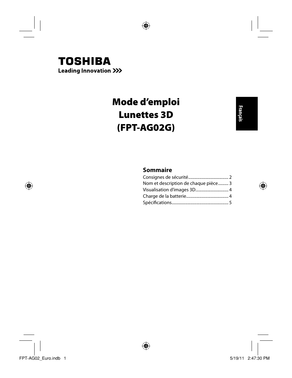 Mode d’emploi lunettes 3d (fpt-ag02g) | Toshiba FPTAG02G User Manual | Page 9 / 108