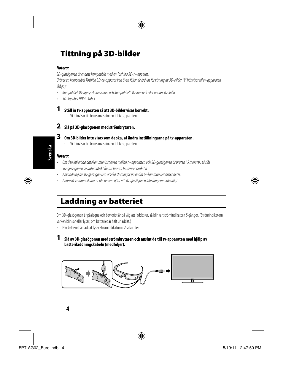 Tittning på 3d-bilder, Laddning av batteriet | Toshiba FPTAG02G User Manual | Page 90 / 108