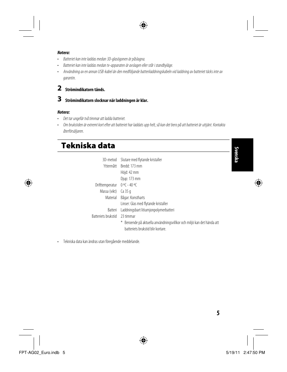 Tekniska data | Toshiba FPTAG02G User Manual | Page 91 / 108