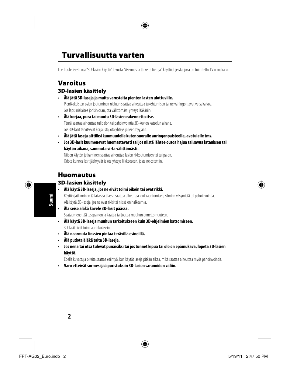 Turvallisuutta varten, Varoitus, Huomautus | Toshiba FPTAG02G User Manual | Page 94 / 108