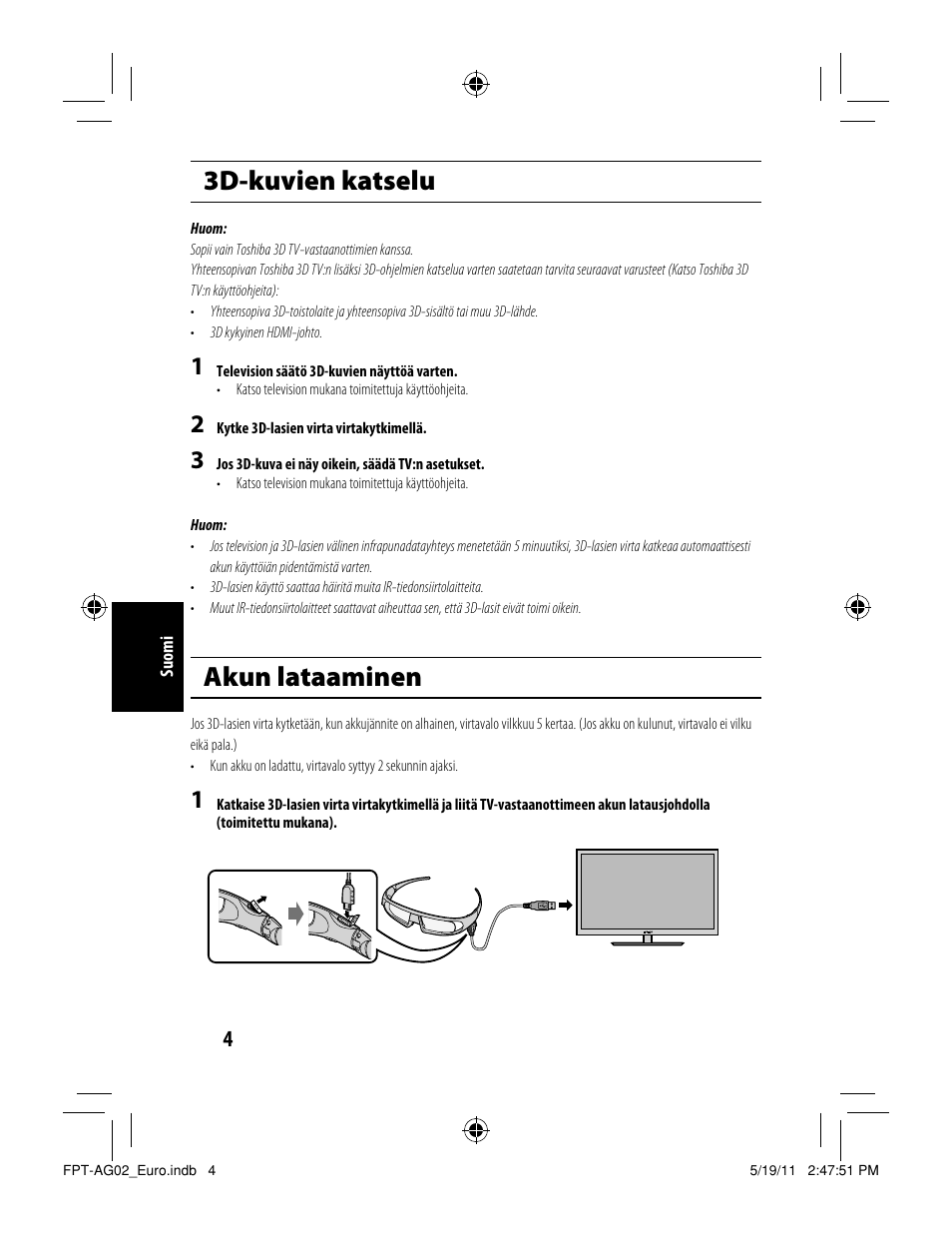 3d-kuvien katselu, Akun lataaminen | Toshiba FPTAG02G User Manual | Page 96 / 108