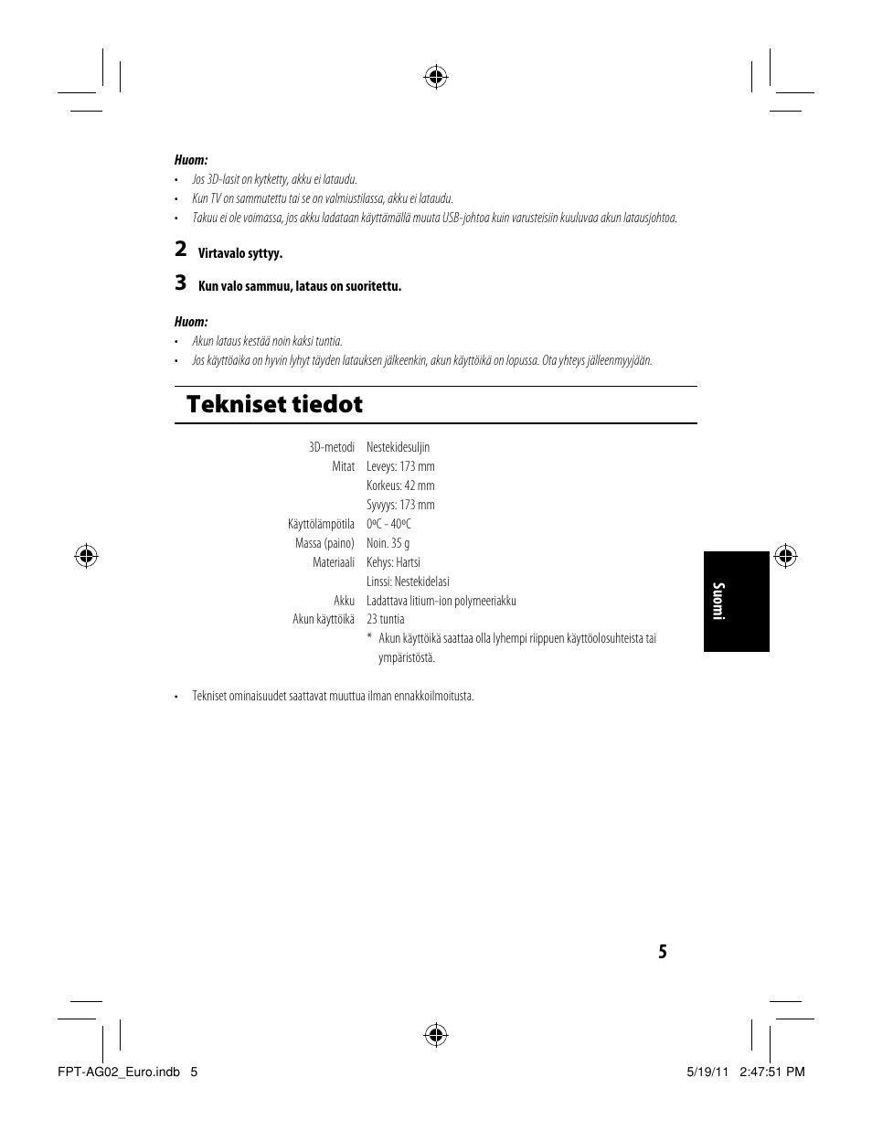 Tekniset tiedot | Toshiba FPTAG02G User Manual | Page 97 / 108