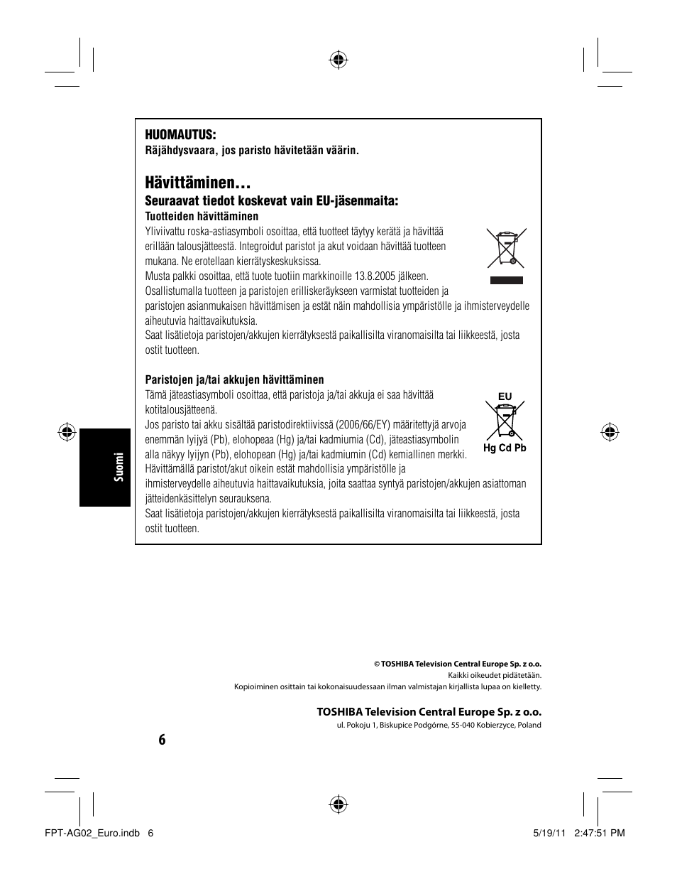 Hävittäminen | Toshiba FPTAG02G User Manual | Page 98 / 108