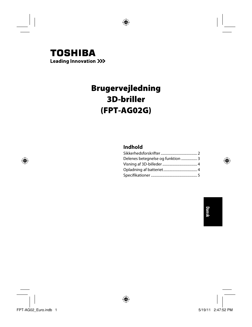 Brugervejledning 3d-briller (fpt-ag02g) | Toshiba FPTAG02G User Manual | Page 99 / 108