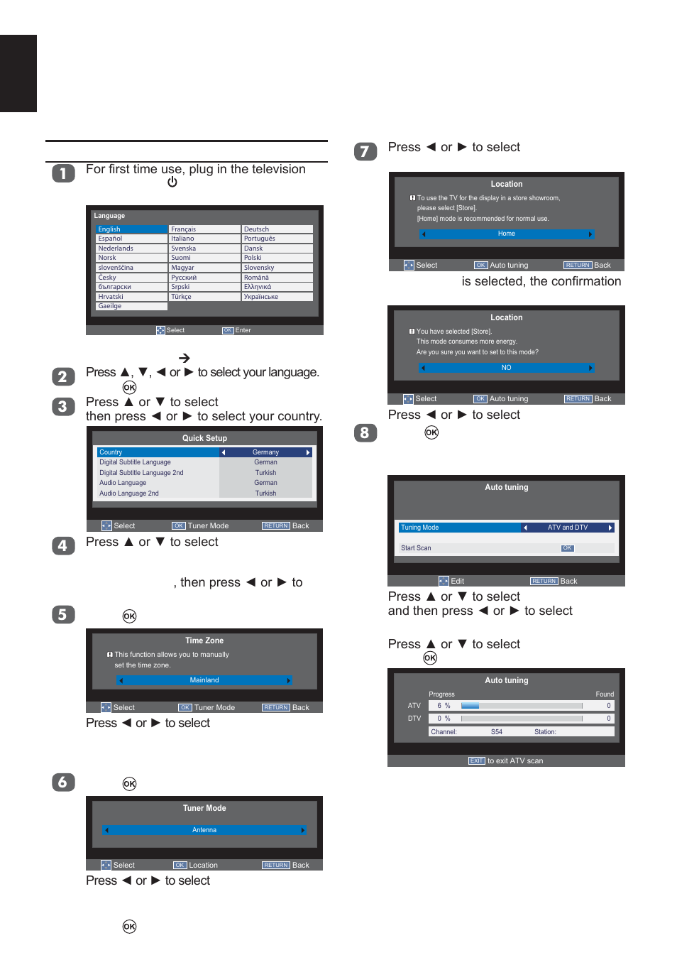 Tuning the television, First time using, English | Press to select time zone, Press to select tuner mode, 3uhvvżruźwrvhohfw yes or no | Toshiba L2433 User Manual | Page 16 / 59