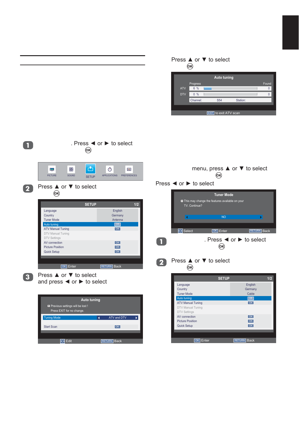 Setting the channels, Auto tuning, Tuner mode - antenna 1 | Tuner mode - cable, English | Toshiba L2433 User Manual | Page 17 / 59