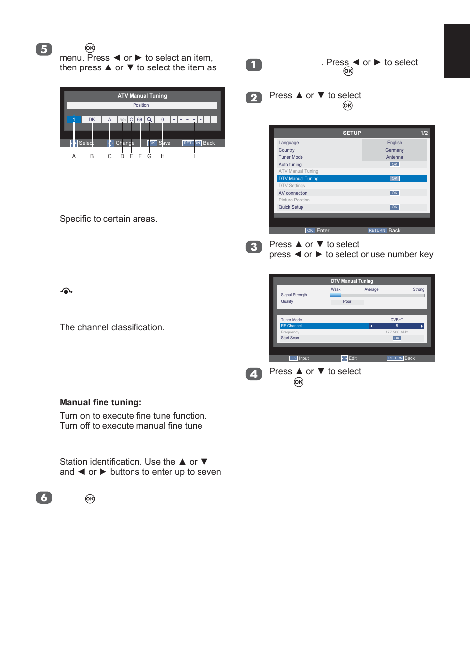 Dtv mode - antenna 1, English, System: 6shfl¿fwrfhuwdlqduhdv | Signal class: 7khfkdqqhofodvvl¿fdwlrq, Searching: search up and down for a signal | Toshiba L2433 User Manual | Page 19 / 59