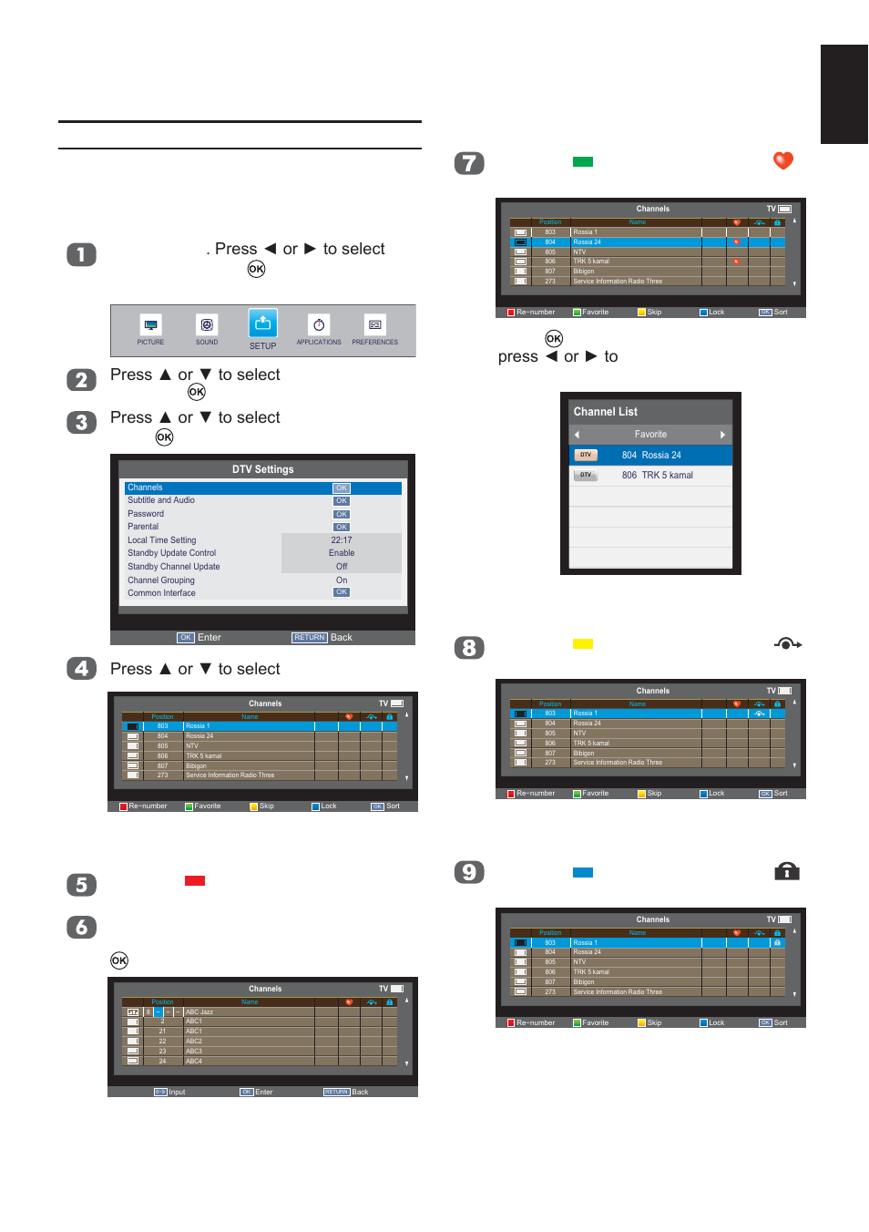 Dtv settings, Channels, Re-number | Favorite, Skip, Lock, English, 3uhvvÿruźwrvhohfw channels, Press the button on the remote. a icon appears | Toshiba L2433 User Manual | Page 21 / 59