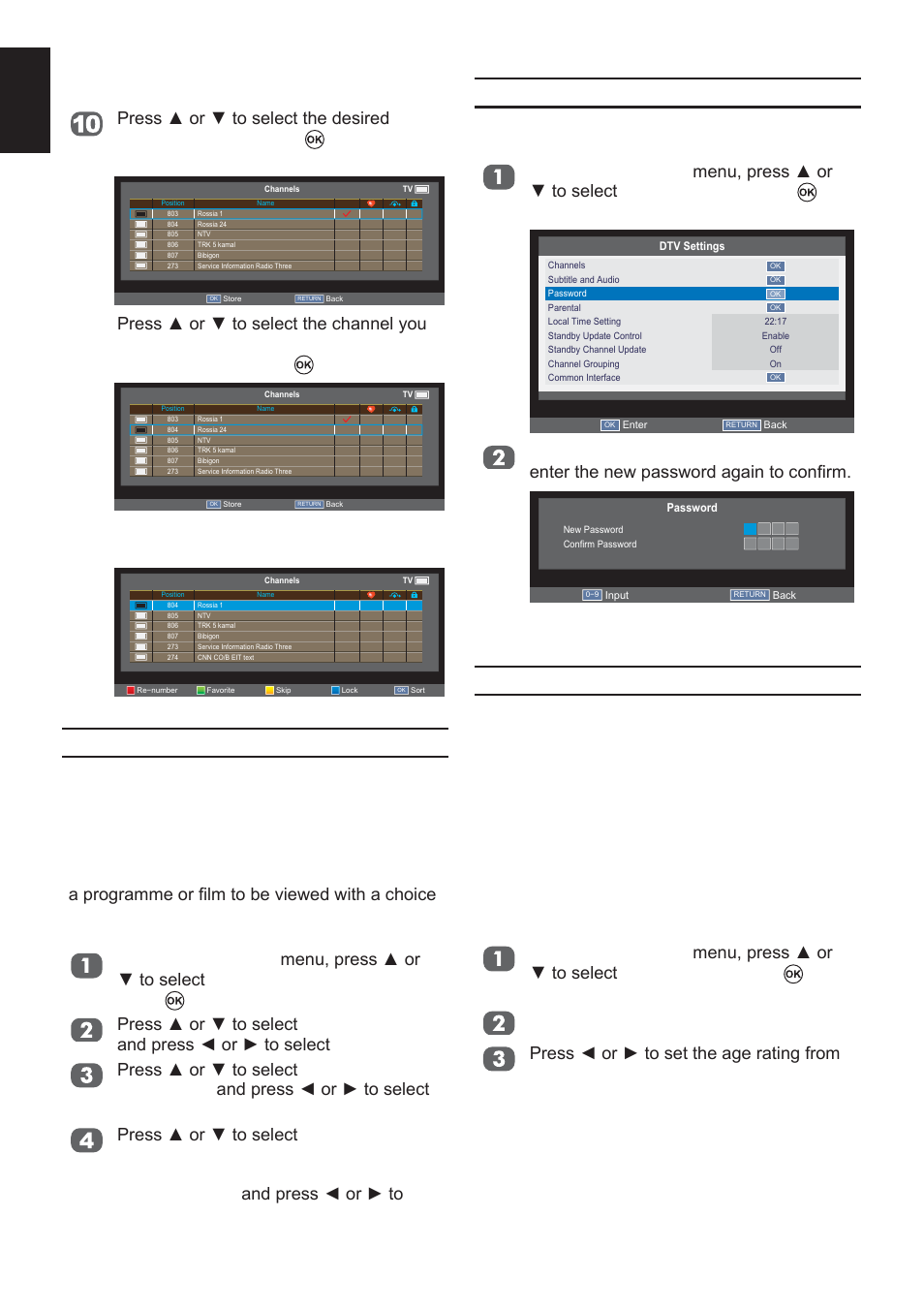 Subtitle and audio, Password, Parental | Sort, English, The name of the two channels are swapped | Toshiba L2433 User Manual | Page 22 / 59