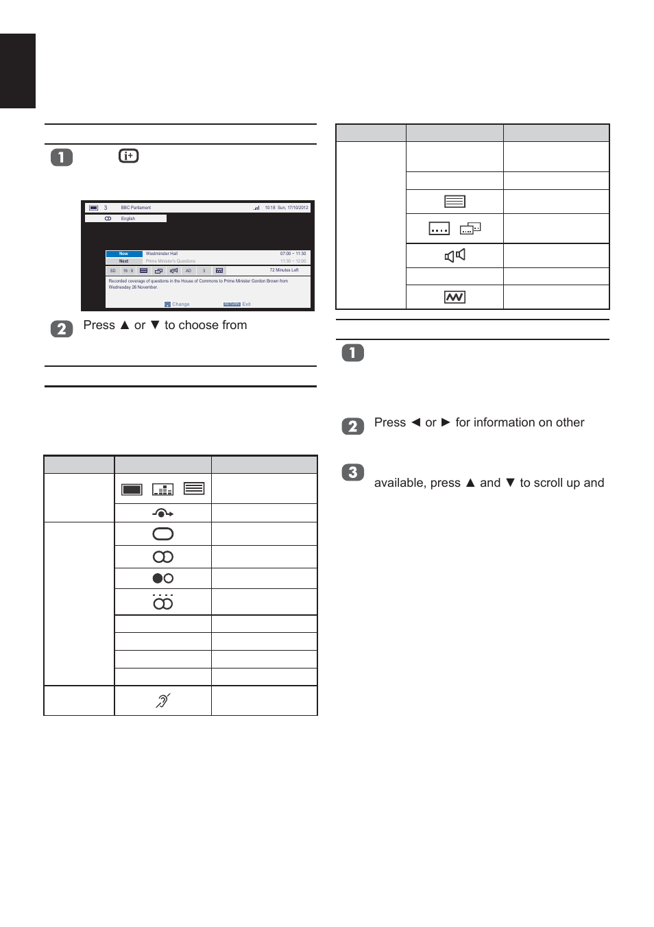 Digital on-screen information and programme guide, Guide, Information | On-screen information icons, English | Toshiba L2433 User Manual | Page 24 / 59