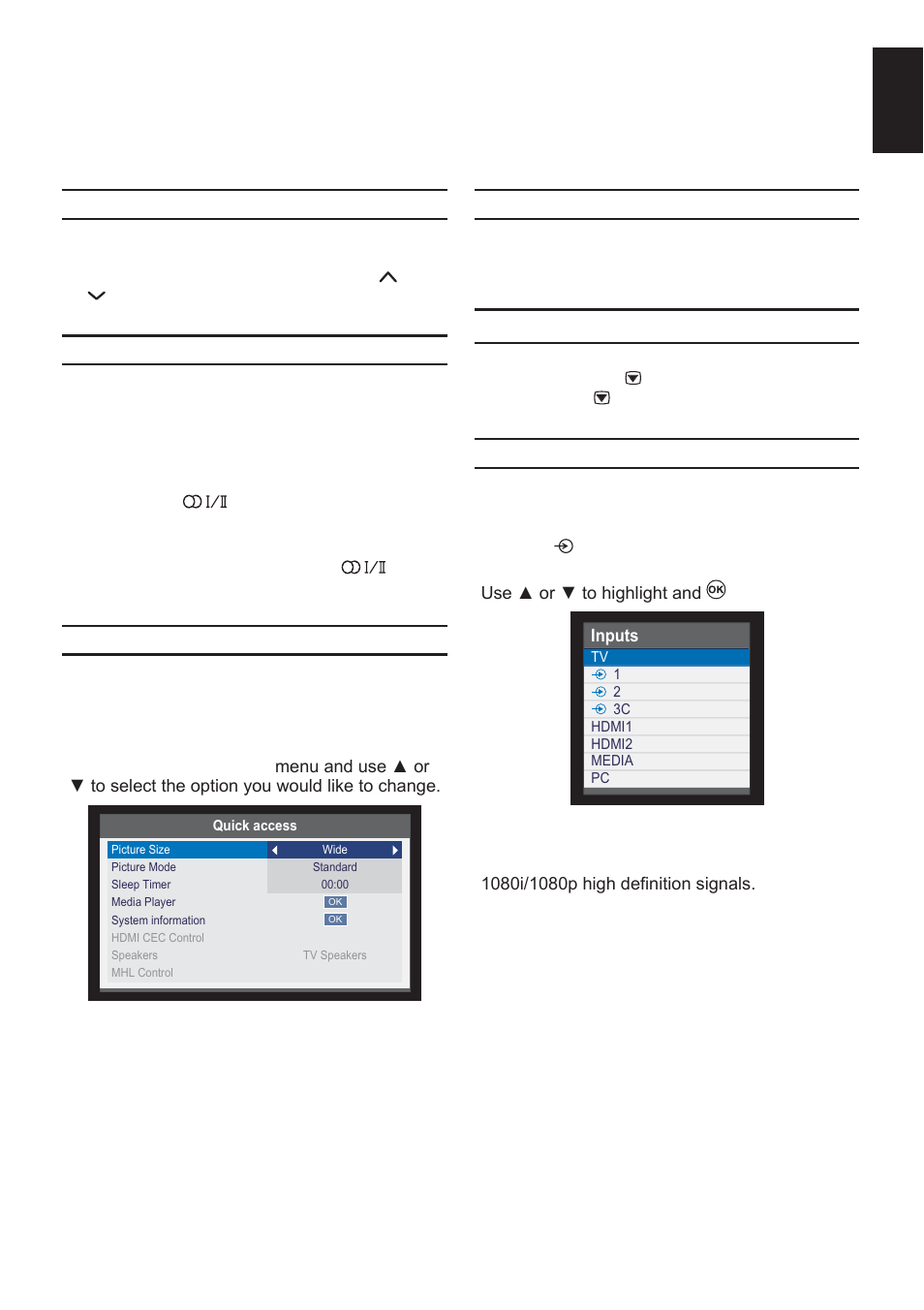 General controls, Selecting channels, Stereo and bilingual transmissions | Quick access menu, Subtitles, Picture still, Input selection | Toshiba L2433 User Manual | Page 25 / 59