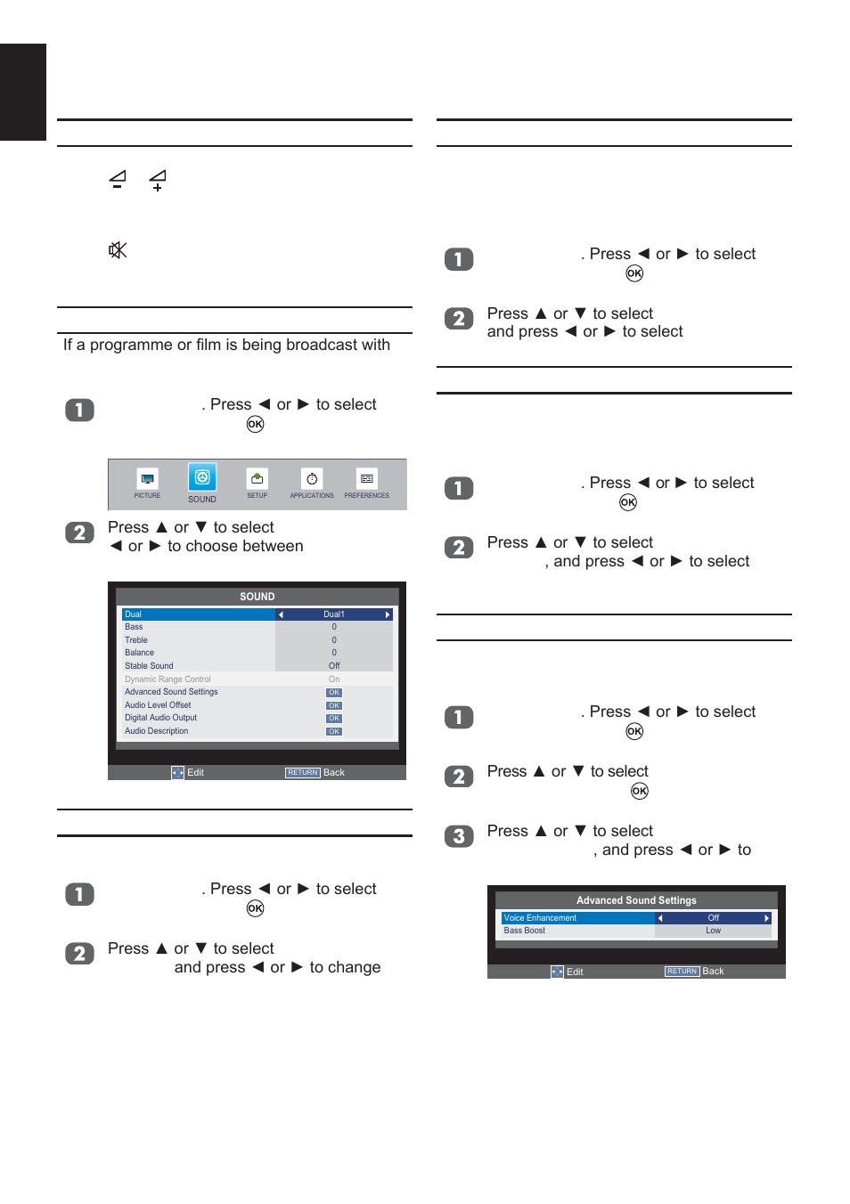 Sound controls, Volume controls and mute sound, Dual | Bass, treble and balance, Stable sound, Dynamic range control, Voice enhancement | Toshiba L2433 User Manual | Page 26 / 59