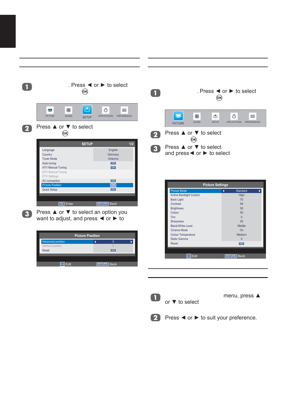 Picture controls, Picture position, Picture mode | Picture preferences, English | Toshiba L2433 User Manual | Page 30 / 59