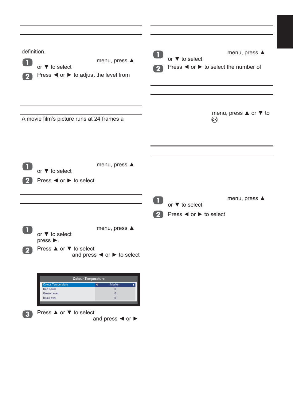 Black/white level, Cinema mode, Colour temperature | Static gamma, Reset, Active backlight control | Toshiba L2433 User Manual | Page 31 / 59