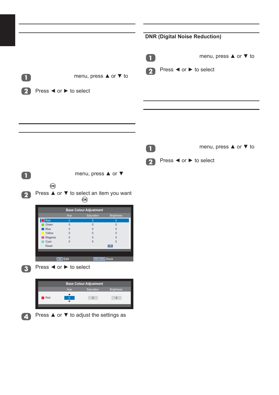 Digital noise reduction, Mpeg nr – noise reduction, 3d colour management | Base colour adjustment, English | Toshiba L2433 User Manual | Page 32 / 59