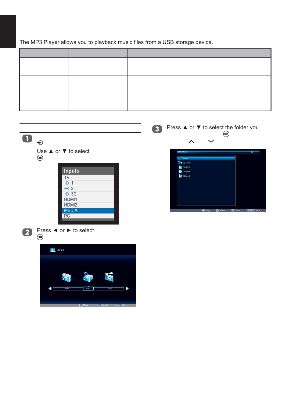 Enjoy music through usb port, Play music files, English | Toshiba L2433 User Manual | Page 36 / 59