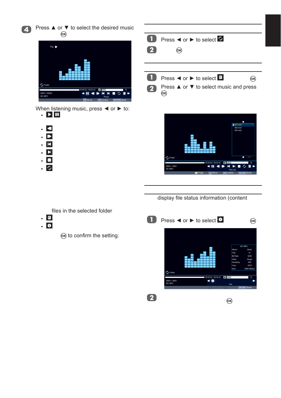 Repeat settings, Using the play list, Music info | 3uhvvżruźwrvhohfw and press | Toshiba L2433 User Manual | Page 37 / 59