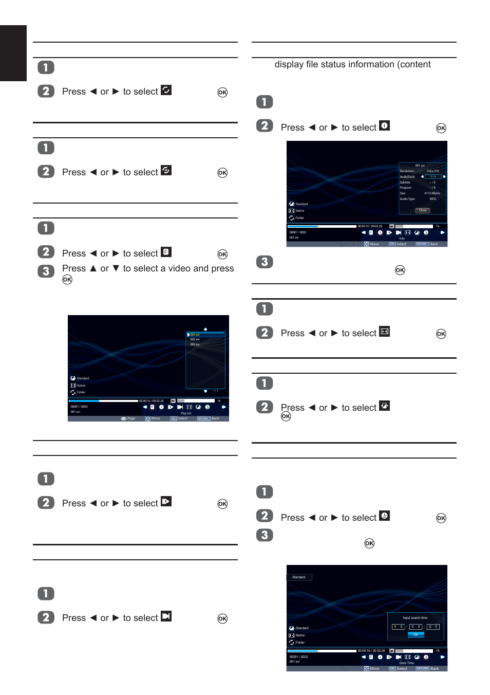 Video info, Aspect ratio, Picture mode | Goto time, Repeat settings, Using the play list, Slow forward, Step forward, English, The feature changes forward speeds | Toshiba L2433 User Manual | Page 40 / 59