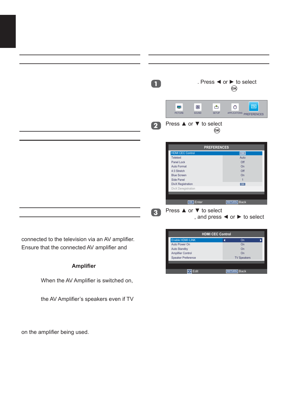 Hdmi cec menus, One touch play, System standby | System audio control, Enable hdmi-link, English | Toshiba L2433 User Manual | Page 42 / 59