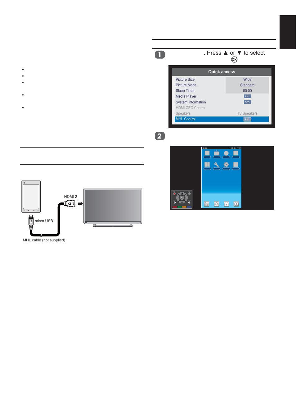 Using mhl tv function, Connecting an mhl-compatible device, Mhl control | Toshiba L2433 User Manual | Page 45 / 59