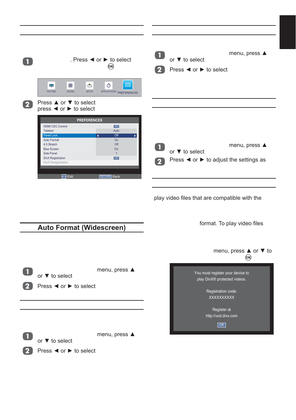 Blue screen, Side panel, Divx registration | Panel lock, Xwr)rupdw :lghvfuhhq, 3 stretch | Toshiba L2433 User Manual | Page 49 / 59