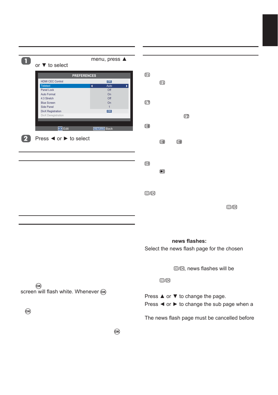 Text services and text information, Control buttons, Setting the modes | Navigating pages using auto, Navigating pages using list | Toshiba L2433 User Manual | Page 51 / 59