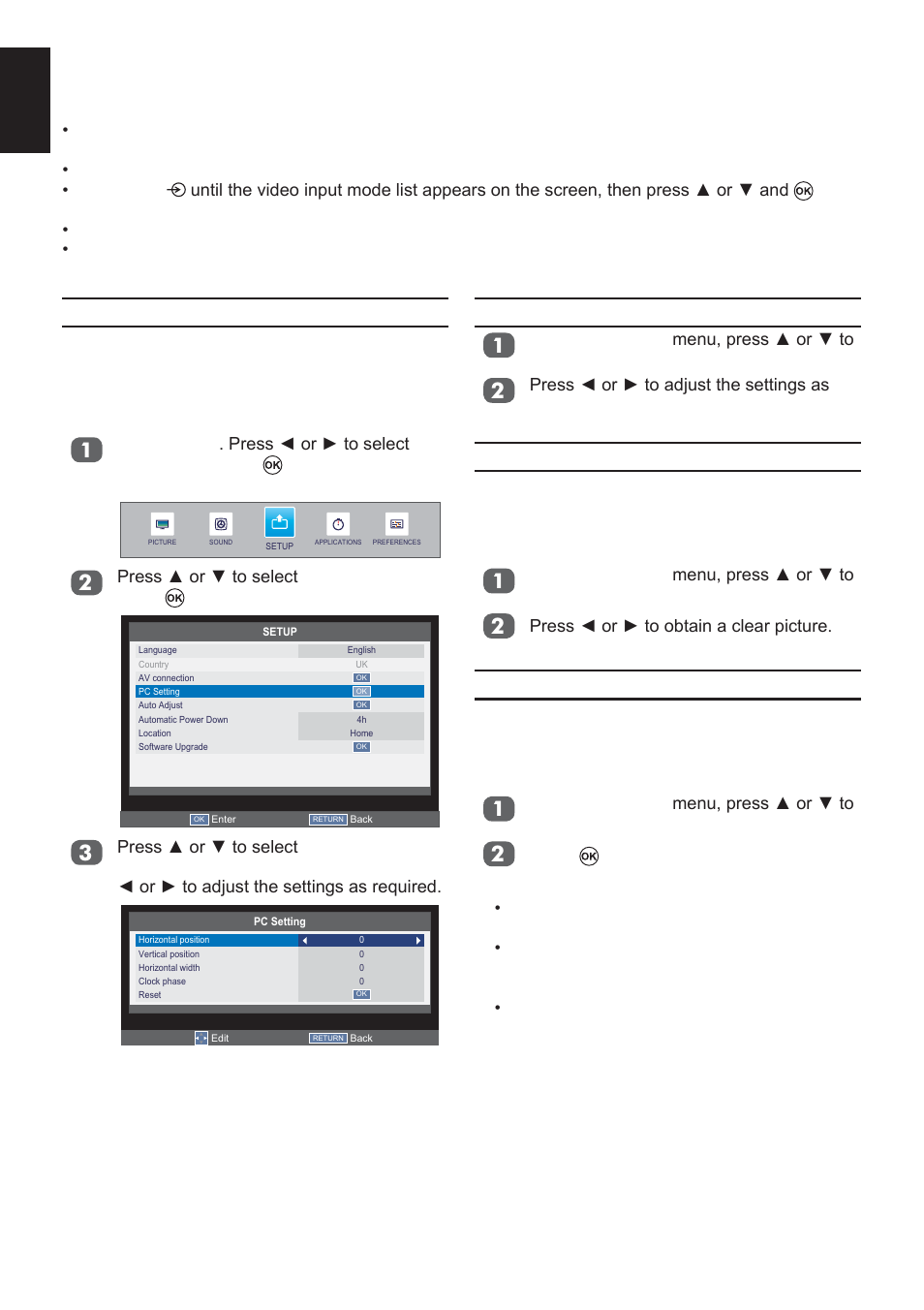 Pc settings, Horizontal and vertical position, Horizontal width | Clock phase, Reset | Toshiba L2433 User Manual | Page 52 / 59