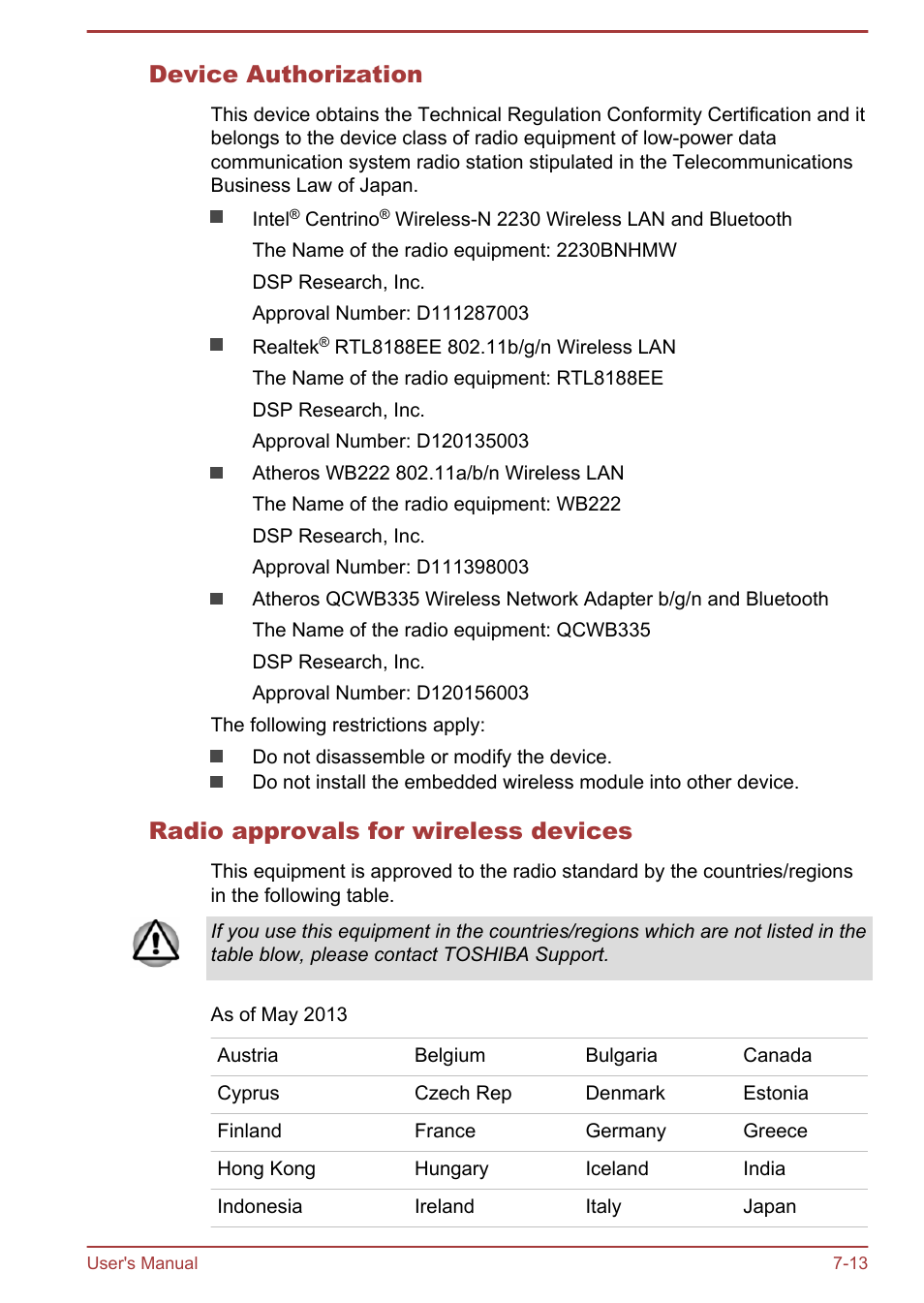 Device authorization, Radio approvals for wireless devices | Toshiba Satellite L70T-A User Manual | Page 130 / 137