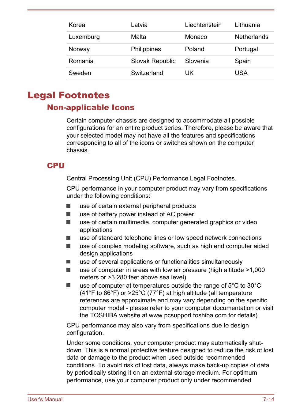Legal footnotes, Non-applicable icons, Legal footnotes -14 | Legal, Footnotes, Section | Toshiba Satellite L70T-A User Manual | Page 131 / 137