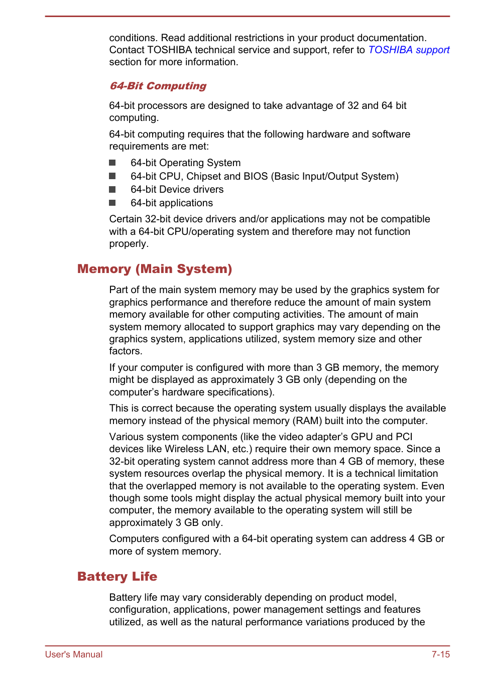 Memory (main system), Battery life | Toshiba Satellite L70T-A User Manual | Page 132 / 137