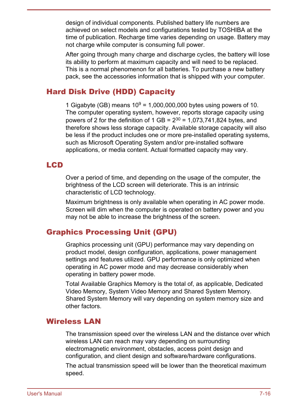 Hard disk drive (hdd) capacity, Graphics processing unit (gpu), Wireless lan | Toshiba Satellite L70T-A User Manual | Page 133 / 137