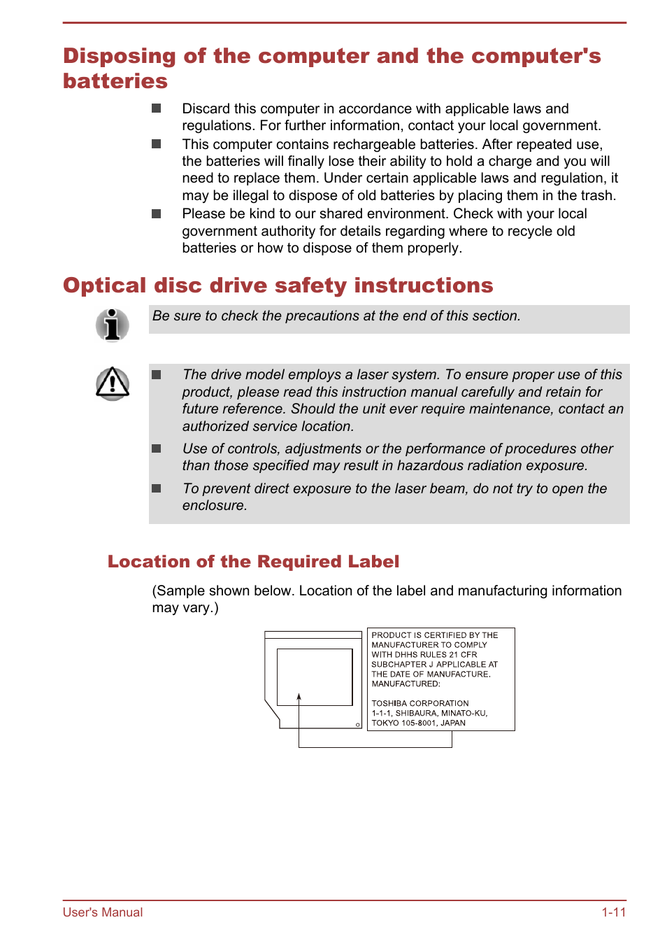 Optical disc drive safety instructions, Location of the required label | Toshiba Satellite L70T-A User Manual | Page 14 / 137