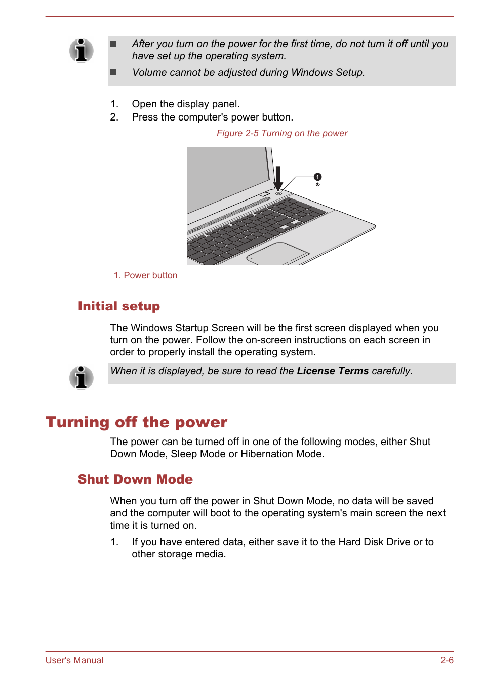 Initial setup, Turning off the power, Shut down mode | Turning off the power -6 | Toshiba Satellite L70T-A User Manual | Page 24 / 137