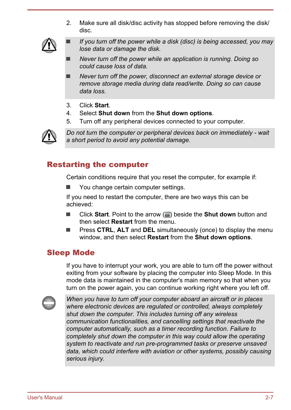 Restarting the computer, Sleep mode | Toshiba Satellite L70T-A User Manual | Page 25 / 137