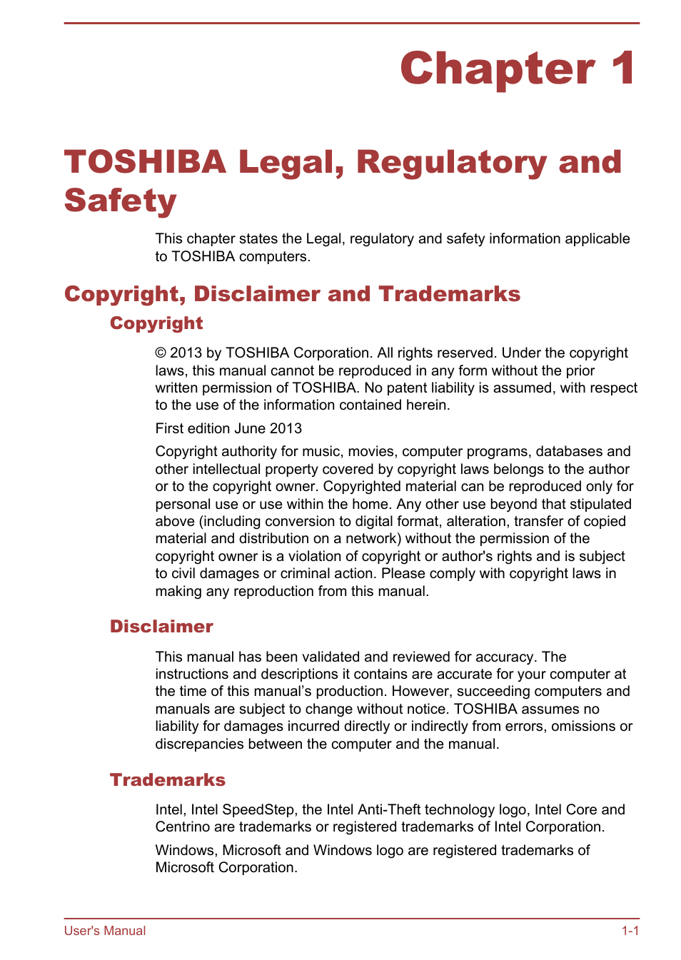 Chapter 1 toshiba legal, regulatory and safety, Copyright, disclaimer and trademarks, Copyright | Disclaimer, Trademarks, Chapter 1, Toshiba legal, regulatory and safety, Copyright, disclaimer and trademarks -1 | Toshiba Satellite L70T-A User Manual | Page 4 / 137