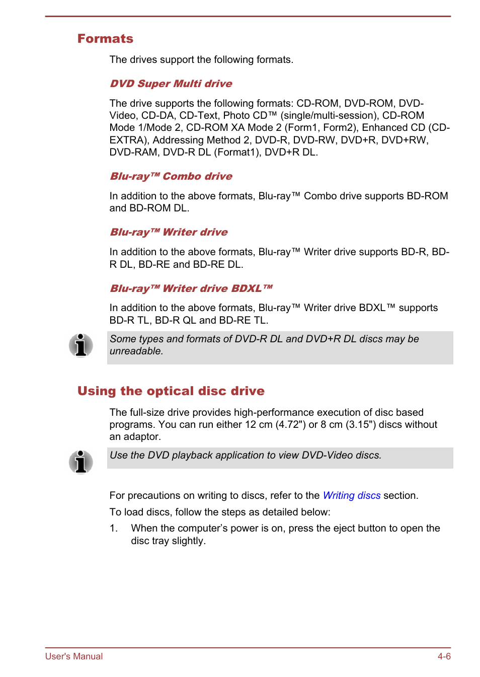 Formats, Using the optical disc drive | Toshiba Satellite L70T-A User Manual | Page 49 / 137