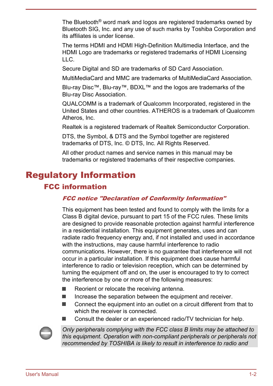 Regulatory information, Fcc information, Regulatory information -2 | Toshiba Satellite L70T-A User Manual | Page 5 / 137