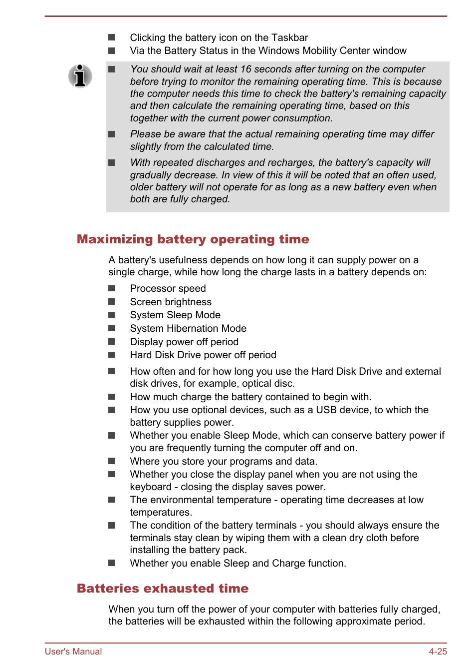 Maximizing battery operating time, Batteries exhausted time | Toshiba Satellite L70T-A User Manual | Page 68 / 137