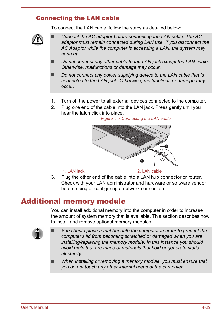 Connecting the lan cable, Additional memory module, Additional memory module -29 | Toshiba Satellite L70T-A User Manual | Page 72 / 137