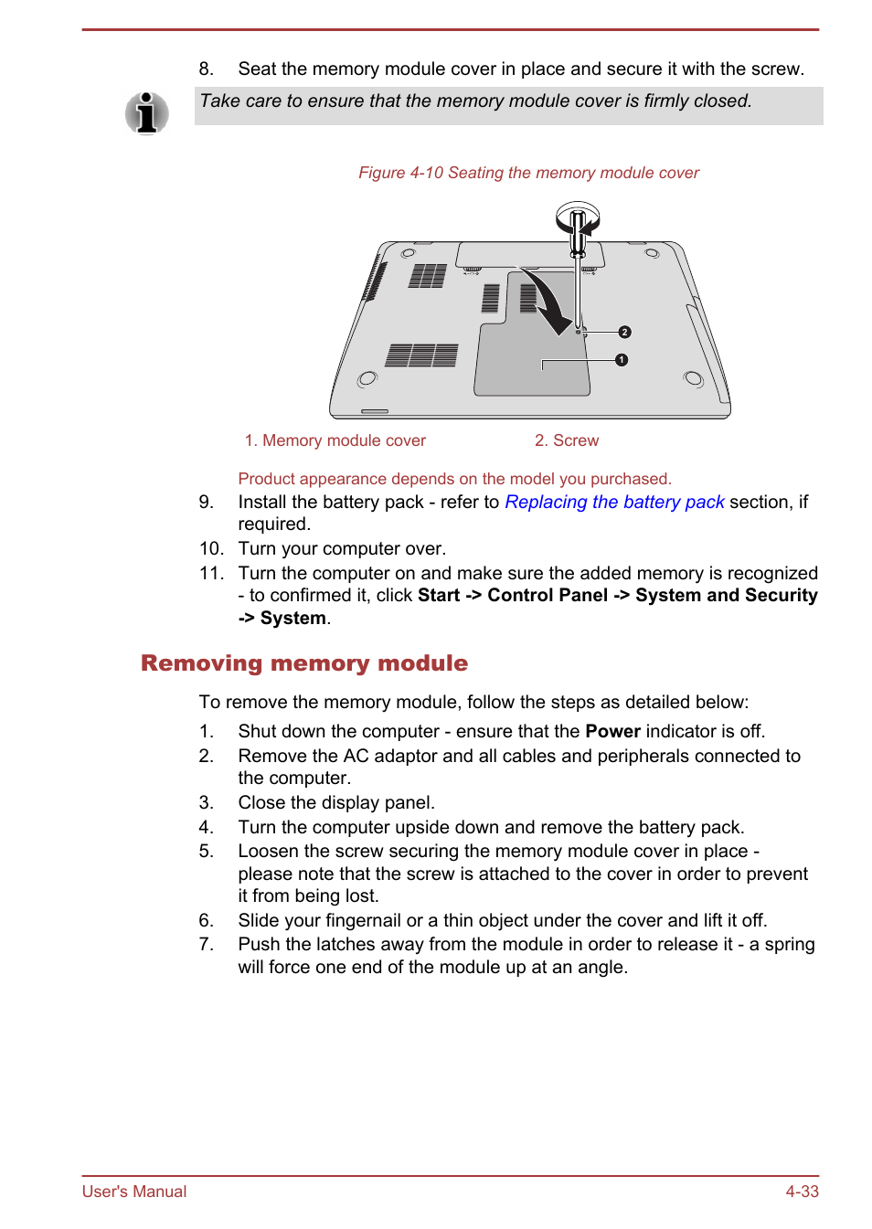 Removing memory module | Toshiba Satellite L70T-A User Manual | Page 76 / 137