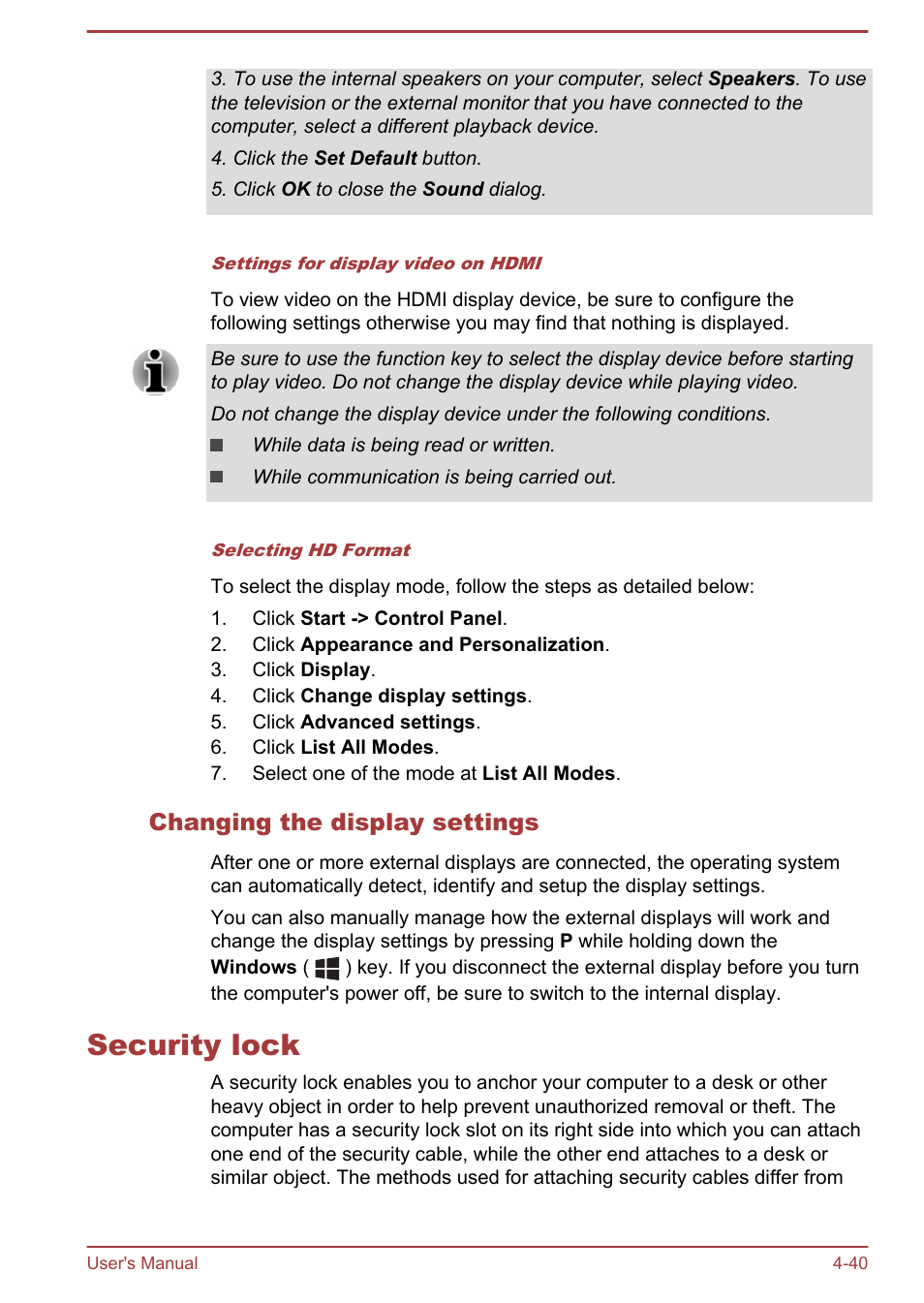 Changing the display settings, Security lock, Security lock -40 | Toshiba Satellite L70T-A User Manual | Page 83 / 137