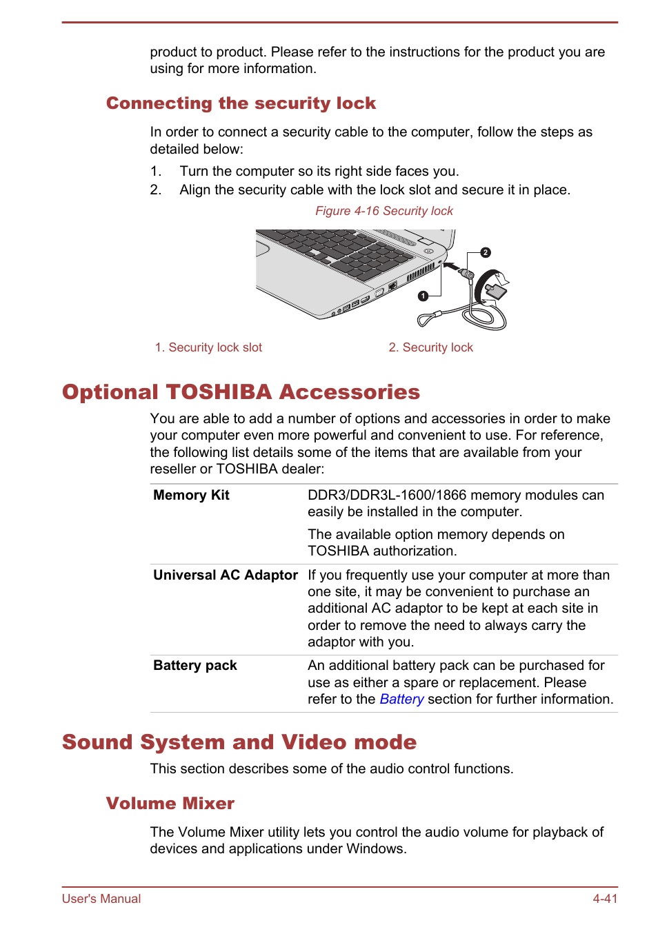 Connecting the security lock, Optional toshiba accessories, Sound system and video mode | Volume mixer, To the | Toshiba Satellite L70T-A User Manual | Page 84 / 137