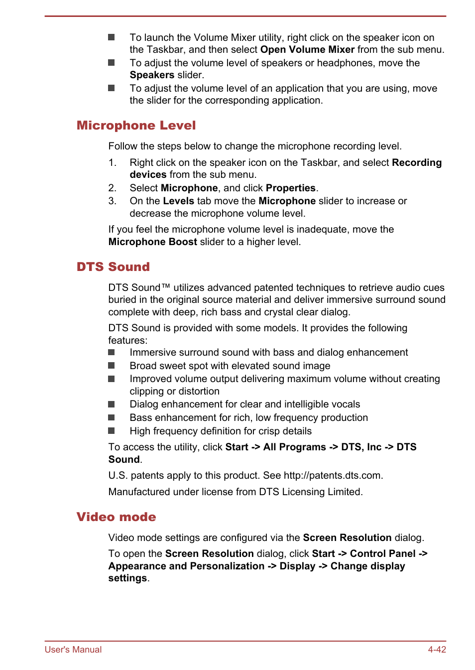 Microphone level, Dts sound, Video mode | Toshiba Satellite L70T-A User Manual | Page 85 / 137