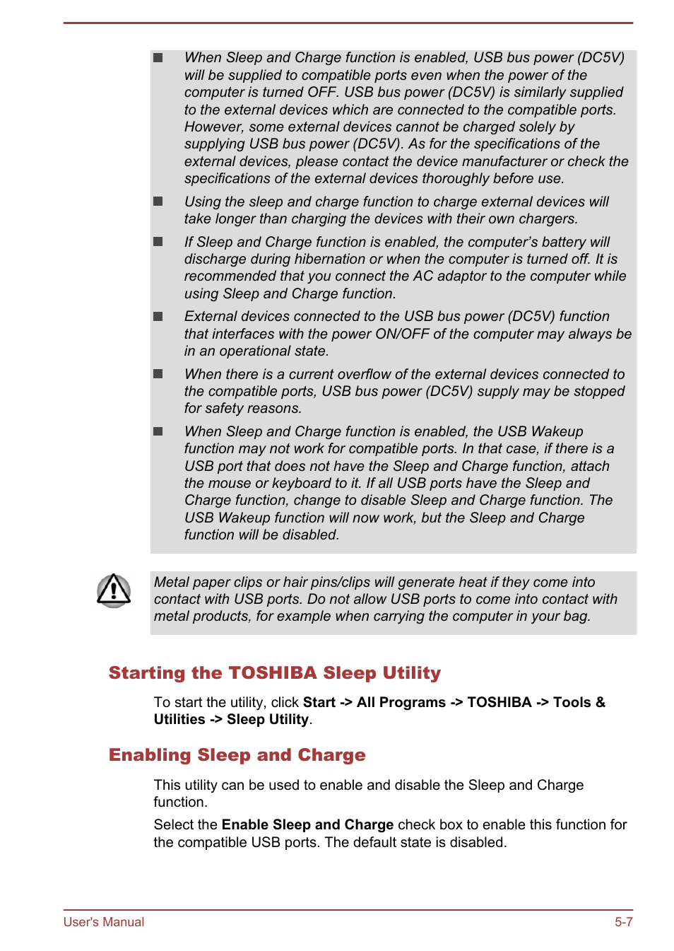 Starting the toshiba sleep utility, Enabling sleep and charge | Toshiba Satellite L70T-A User Manual | Page 93 / 137