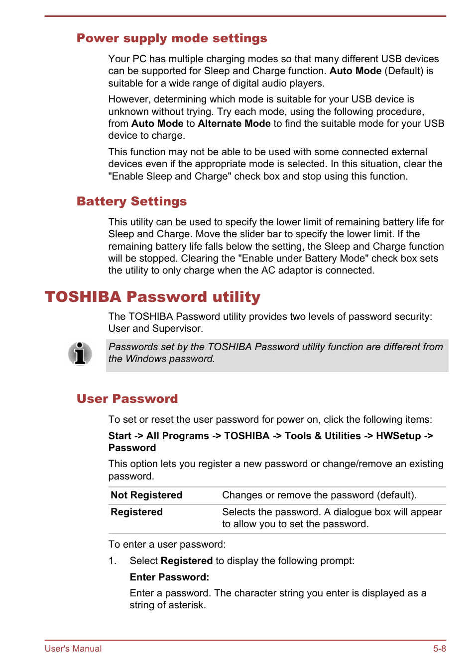 Power supply mode settings, Battery settings, Toshiba password utility | User password, Toshiba password utility -8 | Toshiba Satellite L70T-A User Manual | Page 94 / 137